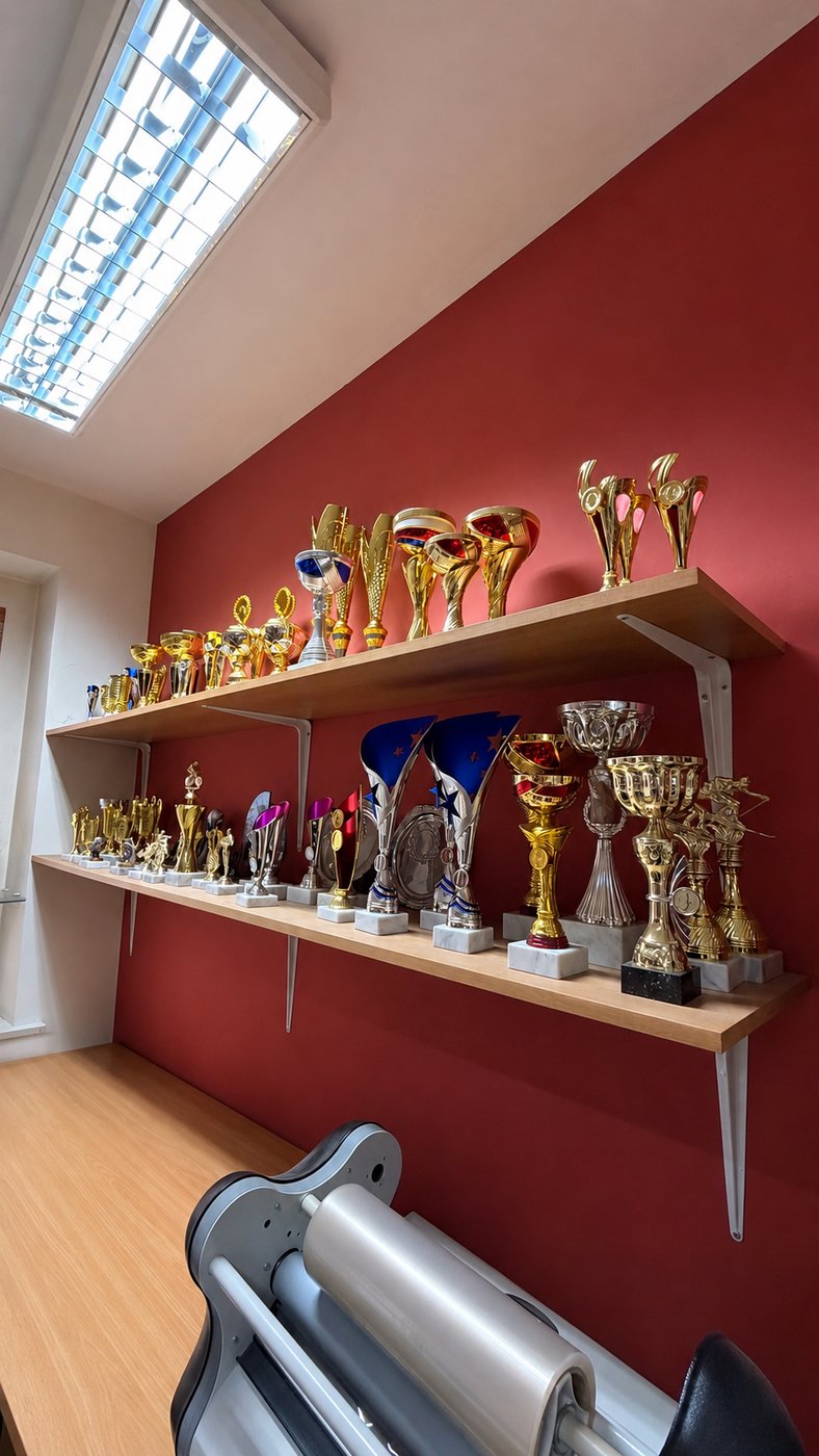 Police pohárů a trofejí na prodejně